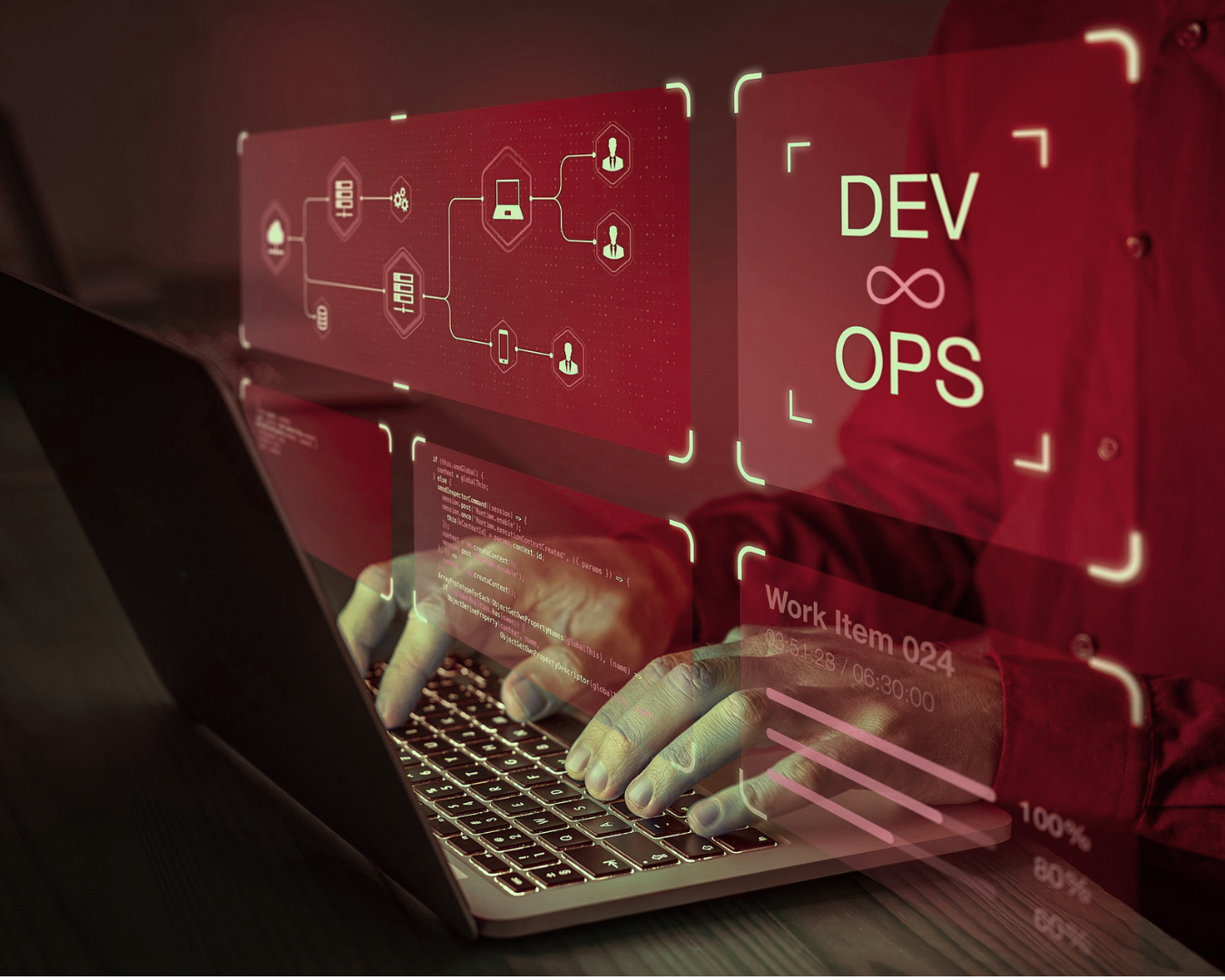 Mãos digitando em um notebook e imagens holográficas de devOps e sistemas e códigos